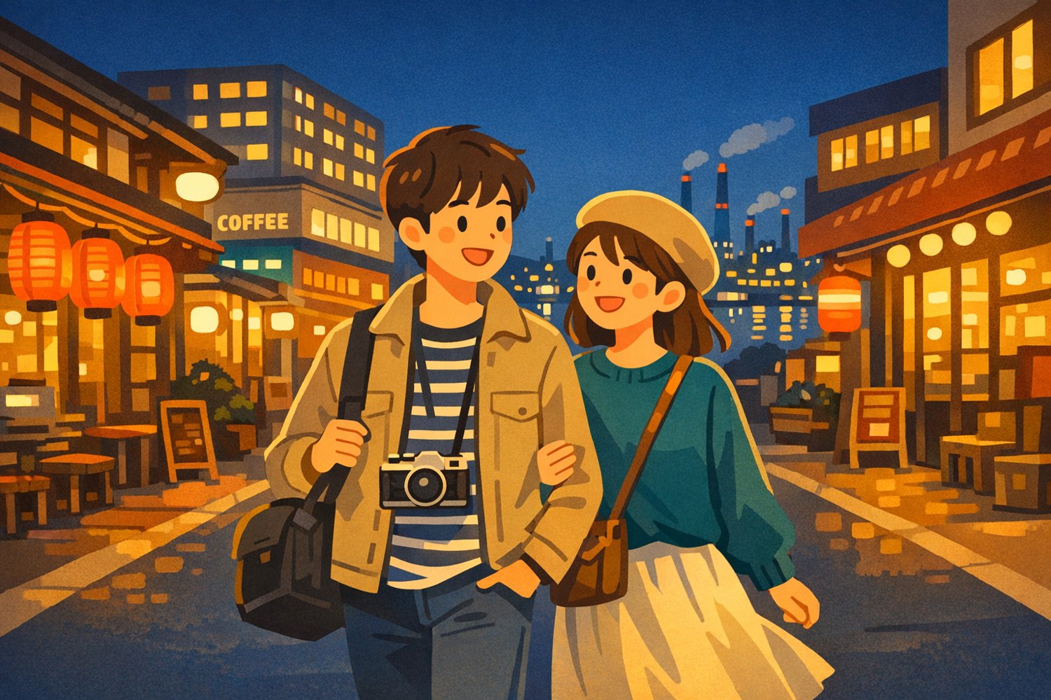 夜の町を歩くふたり